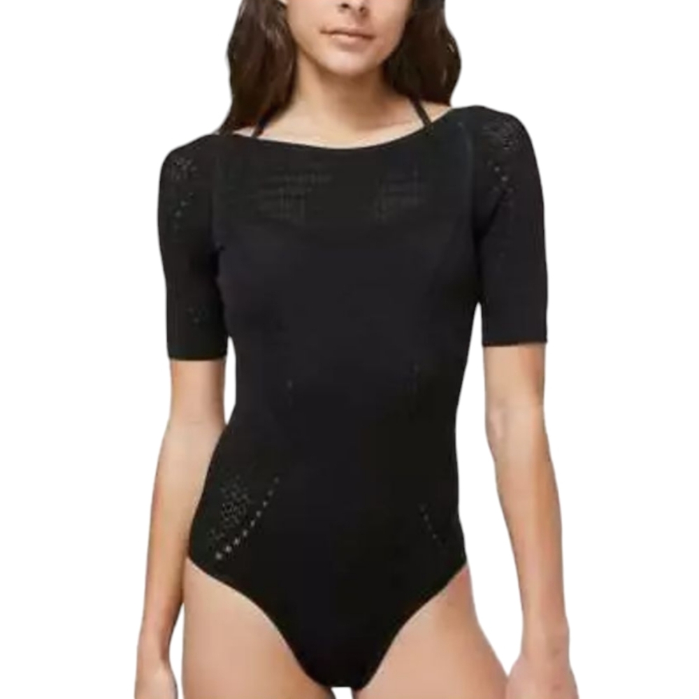 Lululemon Reveal Mindful Motion Bodysuit Black Short Sleeve Mesh 4 Small NWT